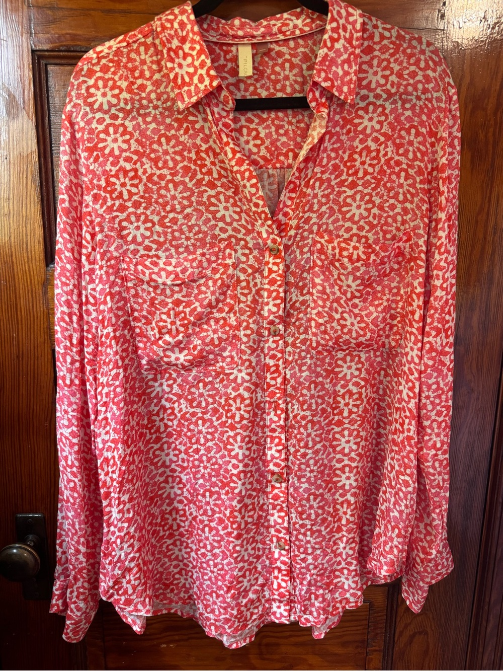 Pilcro Anthropologie Coral and White Floral Button-Down Shirt Blouse